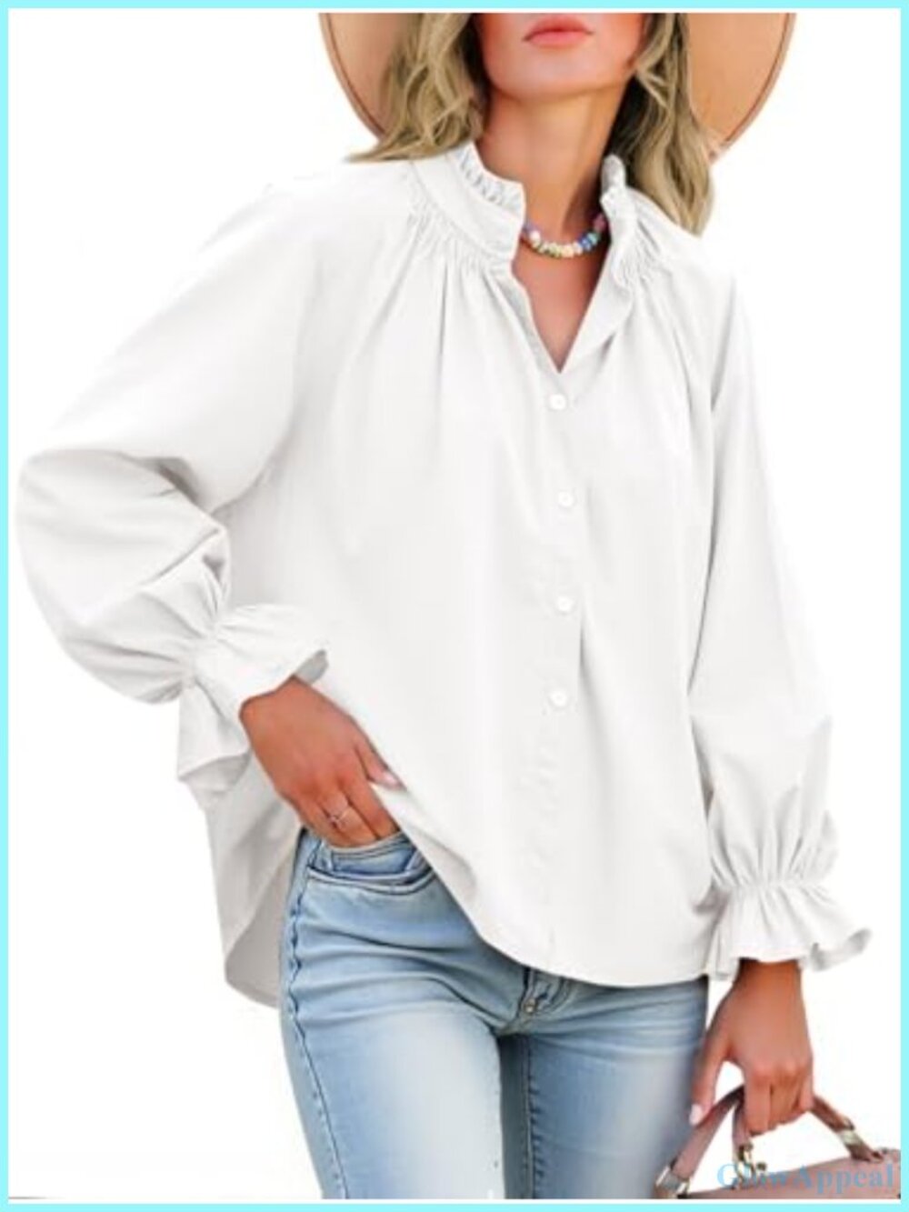 Women's Cotton Oversized Long Sleeve Puff Sleeve Button Down Blouse